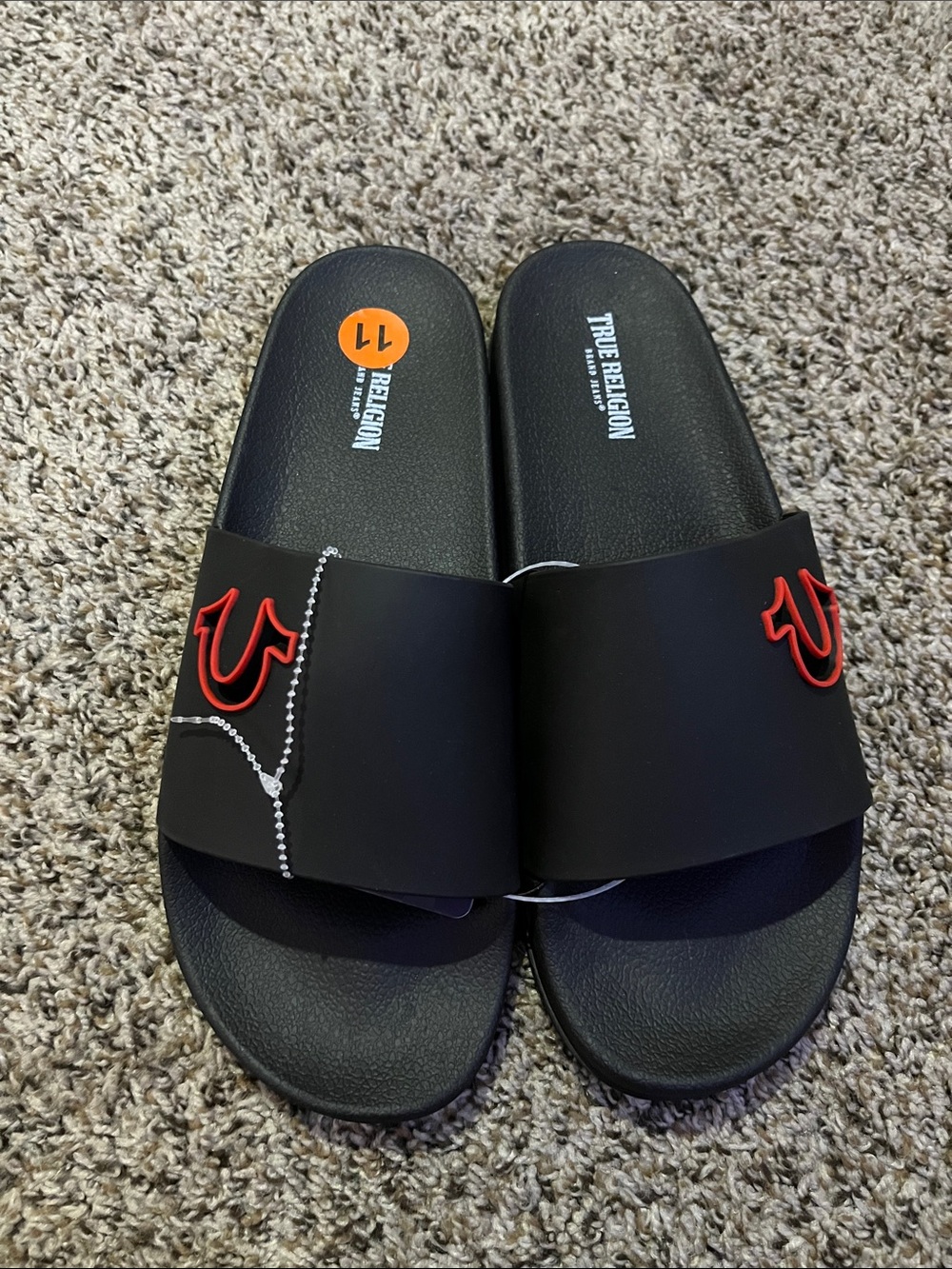 True Religion Black Slides with Red Logo Accents